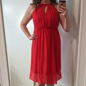 Red midi dress with keyhole neck and lace hem